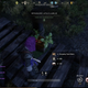 A purple-haired character scavenges salt in New World.